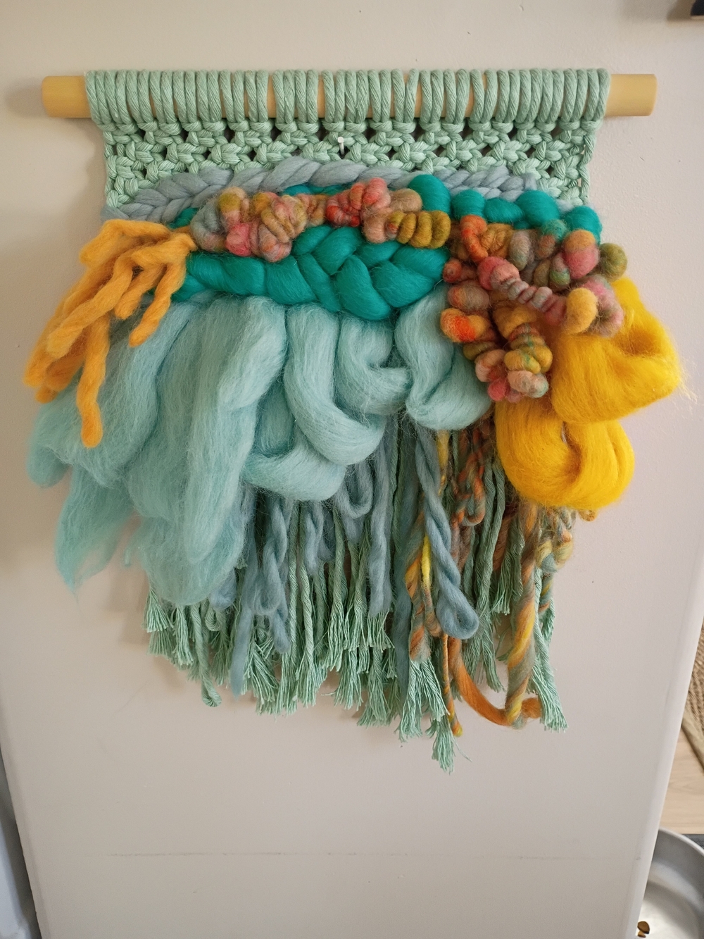 Handcrafted Mint and Yellow Wool Wall Tapestry